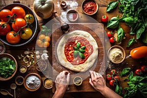 Pizzaiolo stretching out pizza dough on a wooden countertop, surrounded by fresh ingredients like tomatoes, basil, and mozzarella