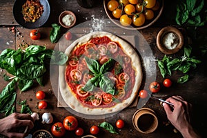 Pizzaiolo stretching out pizza dough on a wooden countertop, surrounded by fresh ingredients like tomatoes, basil, and mozzarella