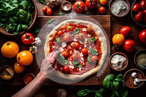 Pizzaiolo stretching out pizza dough on a wooden countertop, surrounded by fresh ingredients like tomatoes, basil, and mozzarella