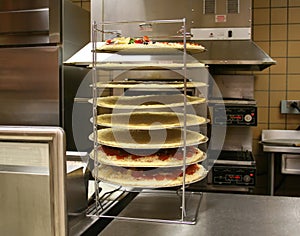 Pizzas in Rack (Focus on pizzas)