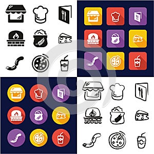 Pizzeria All in One Icons Black & White Color Flat Design Freehand Set