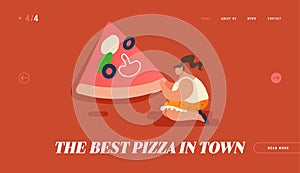 Pizzeria Bistro Website Landing Page, People Character Eating Huge Pizza Italian Food. Fast Food, Cafe, Visitors, Web