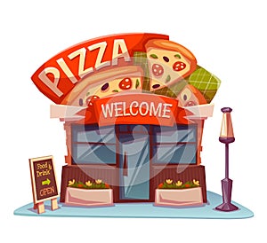 Pizzeria building with bright banner. Vector photo