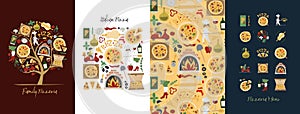 Pizzeria design elements. Pizza concept tree, art frame, icons set and pattern background. Set of banners in one style
