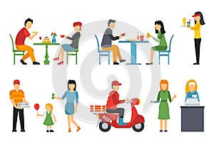 Pizzeria icons set. People in a flat interior. Pizza conceptual web vector illustration.