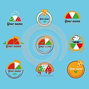 Pizzeria logos. Set of vector badges with pizza, full and slices on vintage chalkboard background.