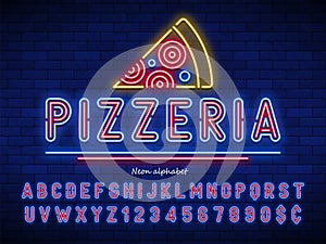 Pizzeria neon light alphabet, extra glowing font