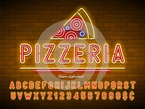 Pizzeria neon light alphabet, extra glowing font