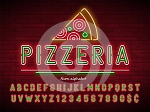 Pizzeria neon light alphabet, extra glowing font