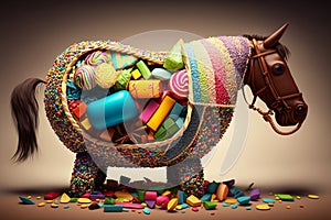 A piÃ±ata brimming with an assortment of toys and candy. AI