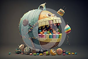 A piÃ±ata brimming with an assortment of toys and candy. AI