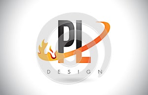 PL P L Letter Logo with Fire Flames Design and Orange Swoosh. photo