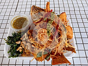 Plaa Tod Samoon Prai Thai Fried Fish Herbal Salad photo