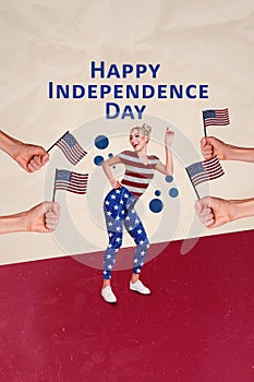 Placard collage celebration event girl dancing blonde hair wear stripes stars national symbolic usa flag isolated on