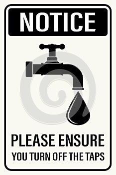 Placard notice - please ensure turn off the taps. Monochromatic silhouette of tap with valve and big water drop. C