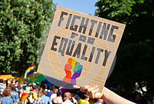 Placard sign Fighting for Equality with rainbow flag fist. Pride parade march. LGBT lesbian, gay, bisexual, transgender, queer.