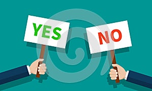 Placard with yes or no sign. Hand holding board up with yes or no. Concept of picket, election and protest. Cartoon poster for