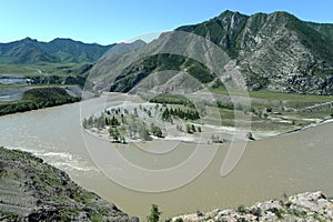 Place of the confluence of the rivers Katun and Chuya in Altai mountains. Siberia, Russia