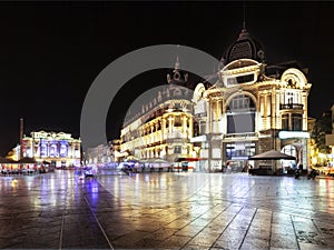 Place de la comÃ©die in Montpellier at night