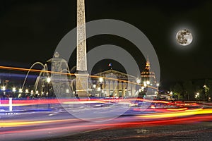 Place de la Concorde and Obelisk of Luxor at Night (with the moon), Paris, France