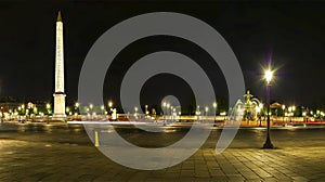 Place de la Concorde and  Obelisk of Luxor at Night panorama, Paris, France