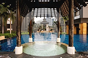 Place for meditation in Thailand near the pool at sunset