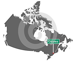 Place name sign Ottawa at map of Canada