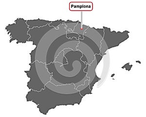 Place name sign Pamplona at map of Spain