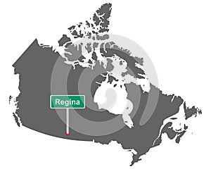 Place name sign Regina at map of Canada