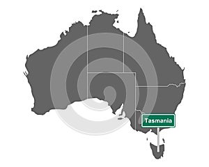 Place name sign Tasmania at map of Australia
