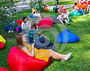 A place for people to relax on the lawn in the central park, the city of Voronezh