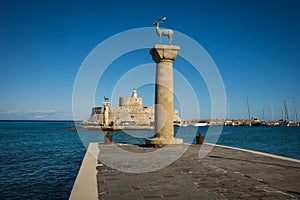 Place in the port of Rhodes, where stood the Colossus of Rhodes