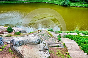 The place for rest on the bank of Ionian Sea lake in Sofiyivka Park, Uman, Ukraine