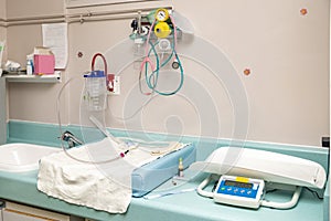 Place for resuscitation and examination of a newborn baby in the hospital Childbirth