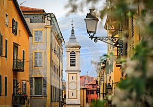 Place Rossetti and Sainte Reparate Cathedral through jasmine flowers Nice France