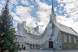 Place Royale Royal Plaza and Notre Dame des Victories Church decorated for Christmas - Quebec City, Canada