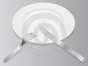 Place setting 3D vector illustration realistic empty plate with knife and fork isolated on gray background in isometric view on se