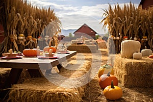 place-setting with hay bales and corn maze backdrop