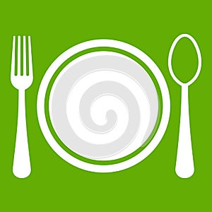 Place setting with plate,spoon and fork icon green