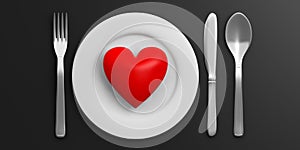 Place Setting and red heart on black background. 3d illustration