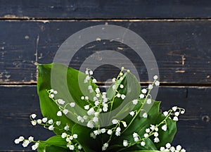 Place for text. Lilies of the valley spring flowers in a bouquet are laid out along the edge of a dark wooden background