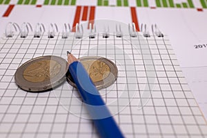 place for text, notebook, graph with pen and euro coins. Close-up of a pen and euro coins on top of a financial graph