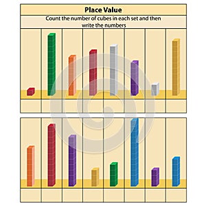 Place Value. stacked blocks counting. place value chart work. Vector illustration.