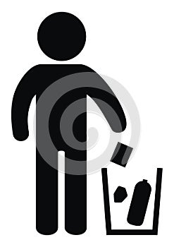 Place for waste, black figure and trash can, vector icon