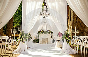 Place for wedding ceremony in white color ,with white fireplace and chandeliers decorated with flowers and white cloth and wooden