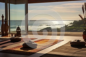 A place for yoga and meditation overlooking the ocean, sunset. Mental health concept