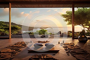 A place for yoga and meditation overlooking the ocean, sunset. Mental health concept