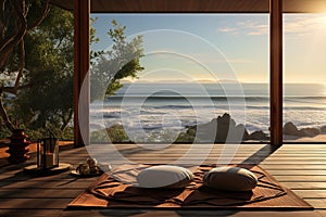 A place for yoga and meditation overlooking the ocean, sunset. Mental health concept. Generated by artificial