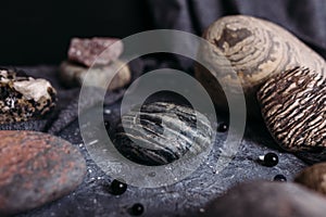 Place for your product on stone on a witch's table in a dark atmosphere. Mockup.