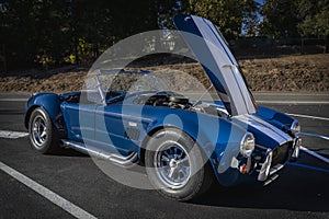 Classic rare American muscle car, blue Ford Shelby Cobra 427 in Placerville CA